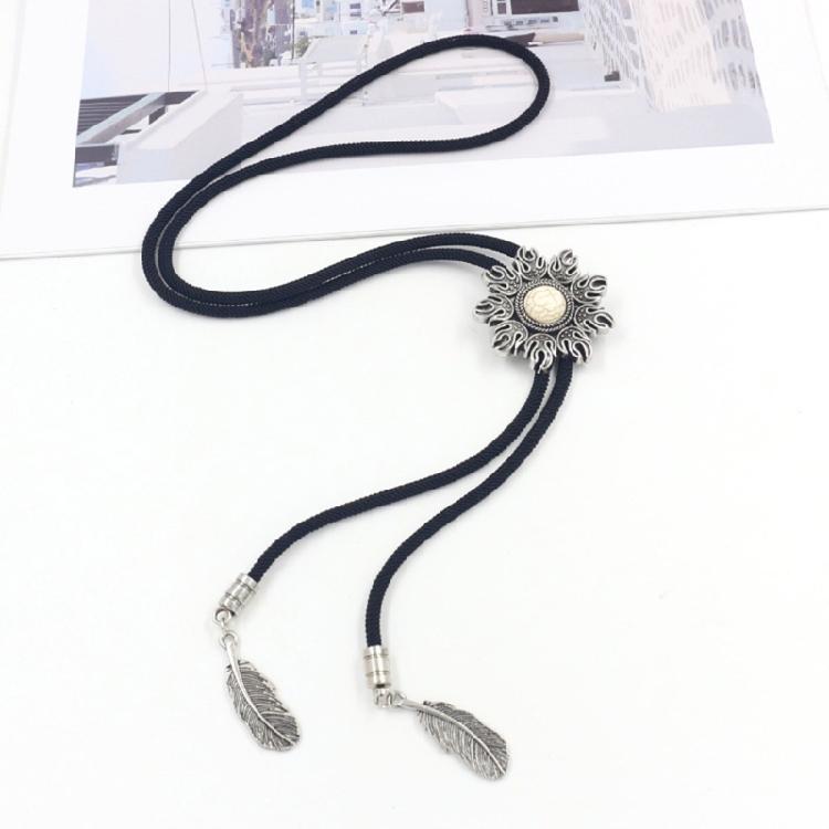 Unisex Western Cowboy Bolo Tie Vintage Sun Turquoises Stone Pendant Jewelry Braided Rope Necktie Metal Feather Necklace