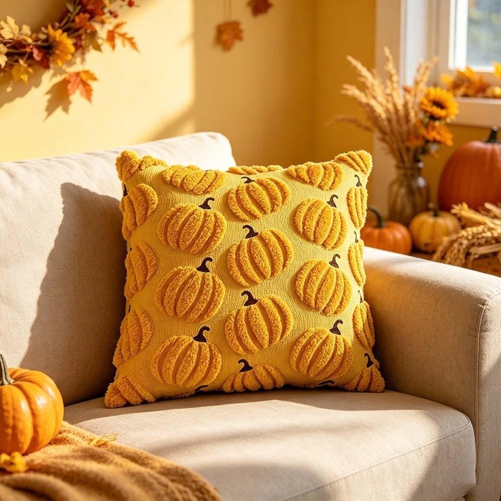 Soft Plush Pumpkin Pillow Case Cute Embroidery Square Shape Halloween Cushion Cover Warm Texture Solid Color