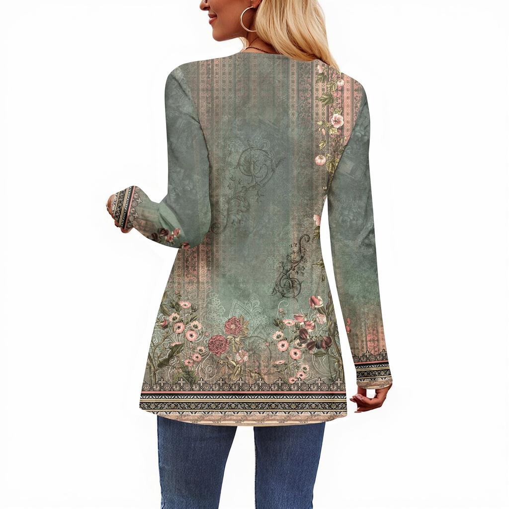 Women's Casual Fashion V-Neck Button Retro Floral Print Long Sleeve Top