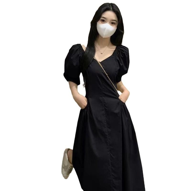 French Style Vneck Puff Sleeve Maxi Dress For Women Summer Casual Slim Fit