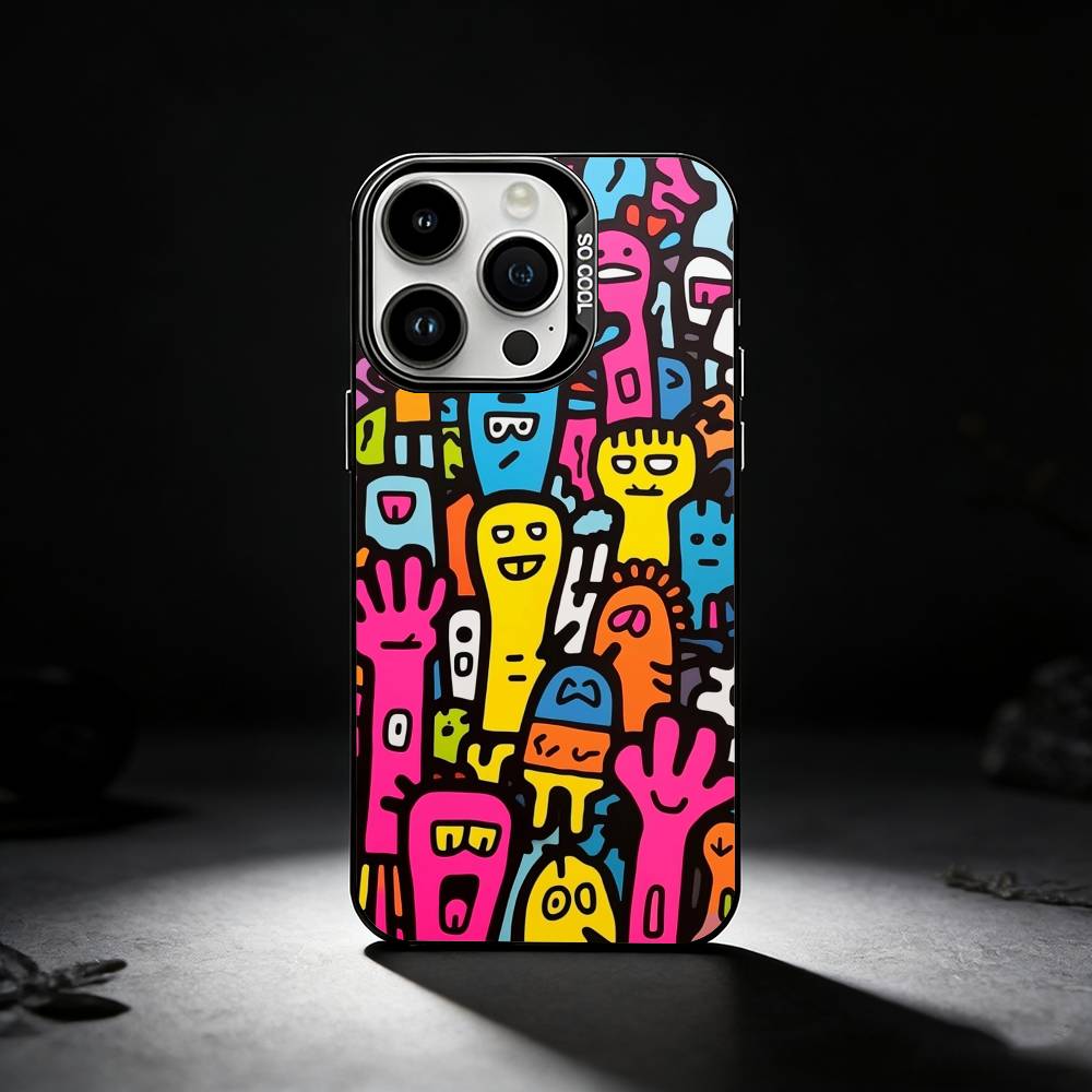 Cartoon Graffiti Phone Case For iPhone 17,16,15,14,13,12,11 Plus,Pro Max,XS,Colored silver phone case
