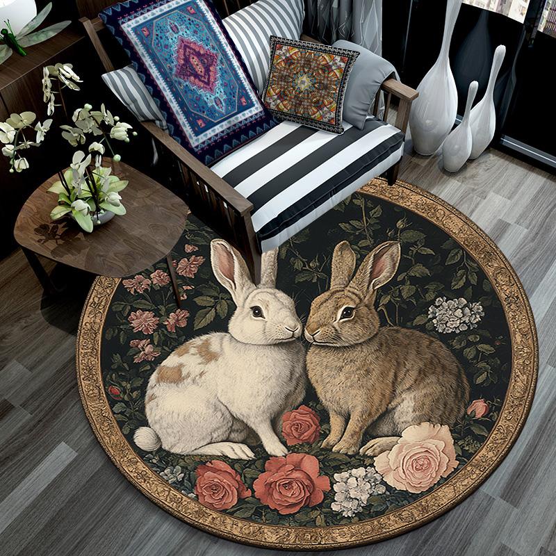 Rabbits Round Area Rug,Carpet Rug for Living Room Bedroom Sofa Playroom Decor,Non-slip Floor Mat