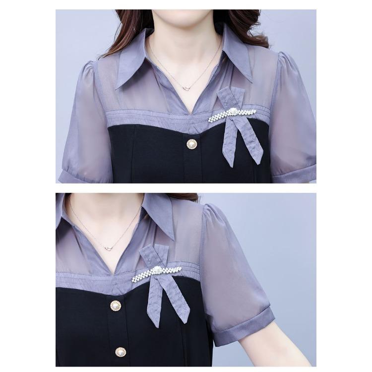 Summer Slimming Short Sleeve Dress with Pearl Splicing Youthful and Belly Covering