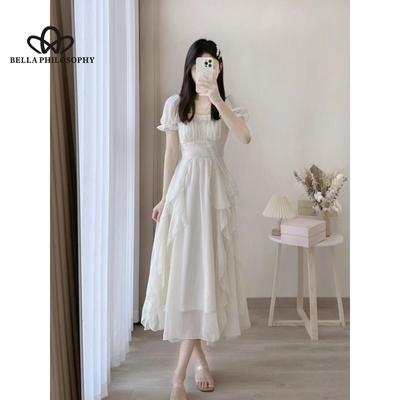 Vestido de fada branco estilo francês feminino verão novo cor sólida babados vestido de princesa suave vestido longo
