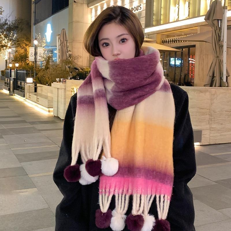 Dopamine Mohair Student Scarf Women's Autumn and Winter Trend Rainbow Striped Scarf Fur Ball To Keep Warm