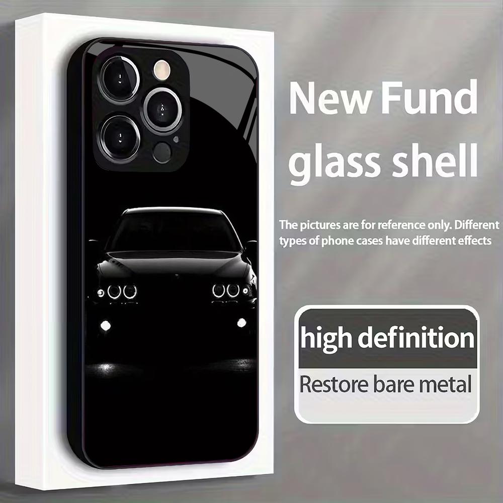 Retro black sports car pattern tempered glass phone case for iPhone17/16/15/14/13/12/11ProMax all-inclusive anti-fall back cover