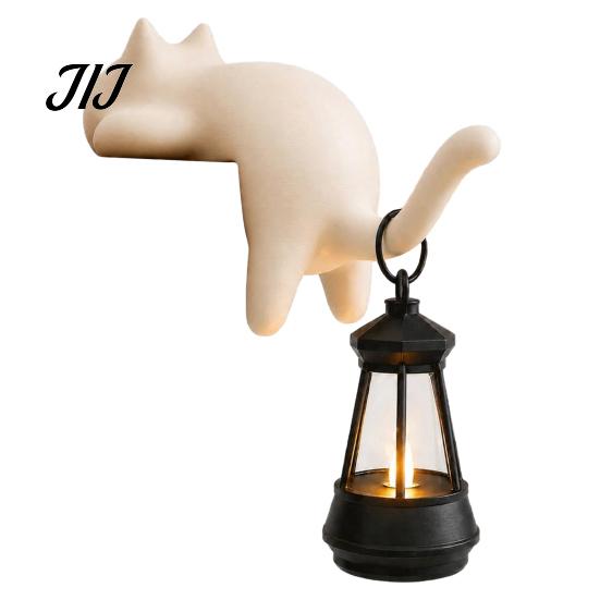 Soft Glow Reading Corner Light Cat Shape Shelf Hook with LED Lantern, Vintage Decorative Cozy Atmosphere Night Lamp Hanging Ornament, for Bookshelves