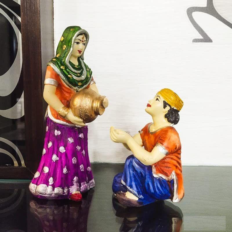 Village Women with Water Pot Idol Statue Decoreative Showpiece for Home Decor | Handcrafted and Hand Painted (Pack of 2, Multicolor)
