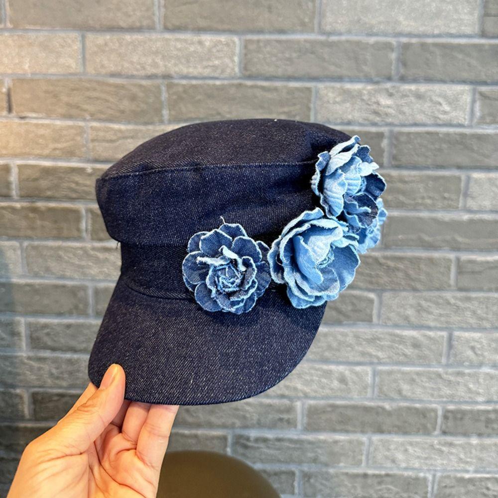 Artistic Denim Camellia Beret Hat Adjustable Painter Caps Vintage Flower Flat Top Hat Travel