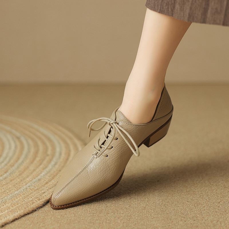 Mode 2025 Nya Klassiska Dam Pumps Vår Höst Kontor Damer Casual Hög Klack Bekväma Äkta Läder Snörskor Svarta Skor Kvinna