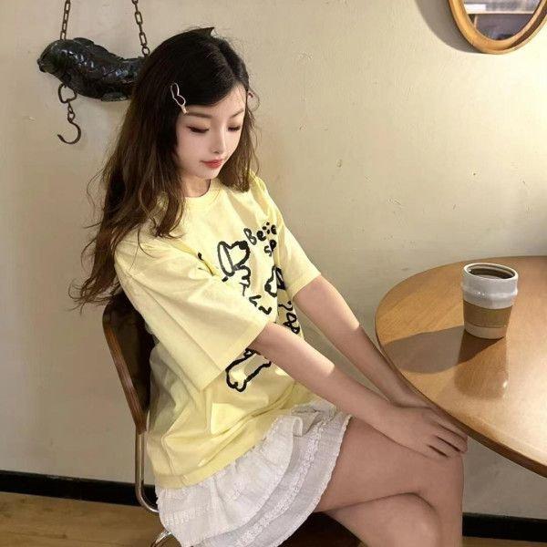 Summer Casual Loose T Shirt Women's Streetwear Harajuku Vintage Funny Cartoon Print yellow Short Sleeve T-shirts Women Y2k Tops