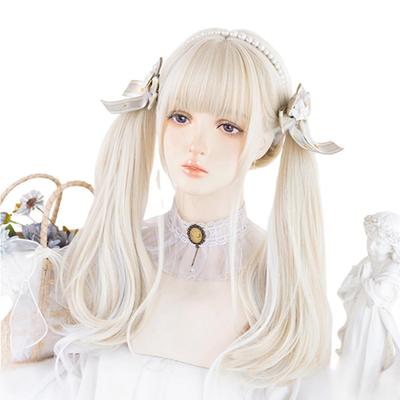 Sizuuenn Lolita Ladies Full Wig Long Hair Twin Tails Plunging Bangs Rice White Platinum White Dyed White Wig Small Face Fashion Heat Resistant Wig