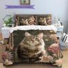 Maine Coon and Flowers Pattern Bedding Home Decoration Birthday Gift (1 * Duvet Cover + 2 * Pillowcase, Without Core)