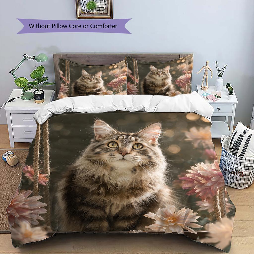 Maine Coon and Flowers Pattern Bedding Home Decoration Birthday Gift (1 * Duvet Cover + 2 * Pillowcase, Without Core)