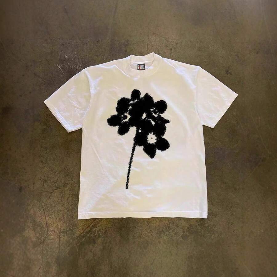 American Retro Abstract Floral Graphic Print Unisex Heavyweight Pure Cotton Crew Neck Short Sleeve Tshirt Vintage Casual Everyday Wear Top