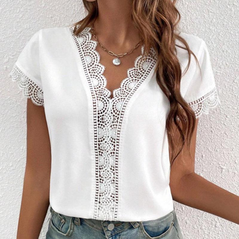 Women Short Sleeve Blouse V Neck Lace Trim Hollow Out Summer Casual Solid Color Top