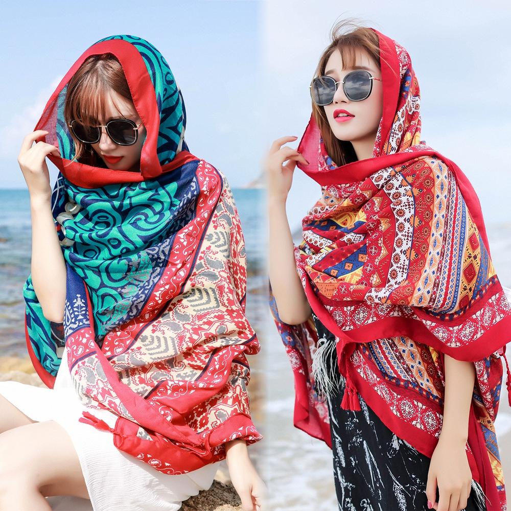 Summer Cotton and Linen Ethnic Wind Travel Scarf Holiday Sunscreen Scarf Big Shawl Female Beach Towel