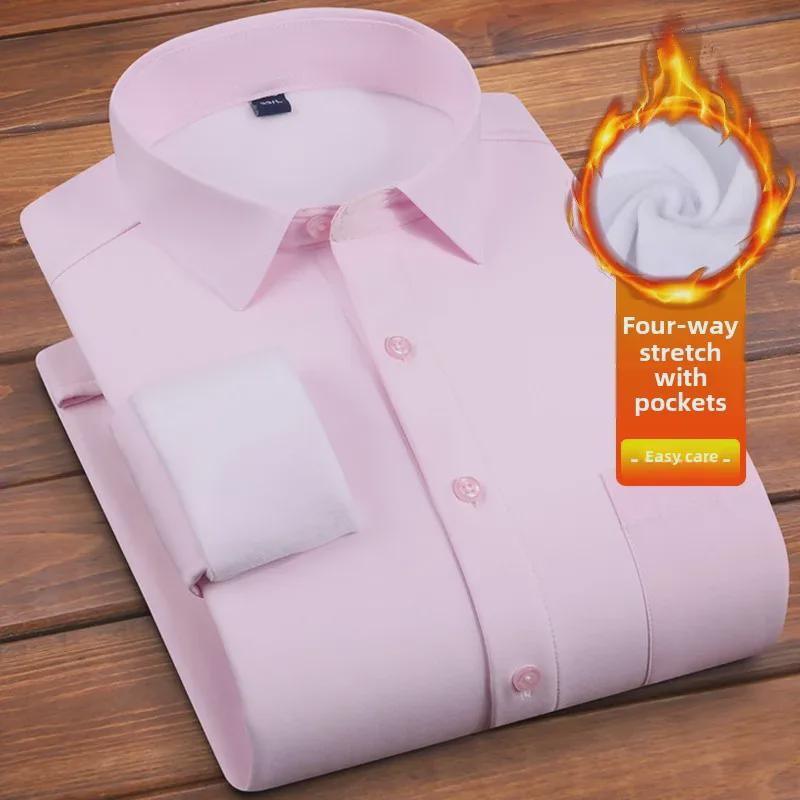 Winter Men's Plus Velvet Warm Stretch Business Casual Shirt - White