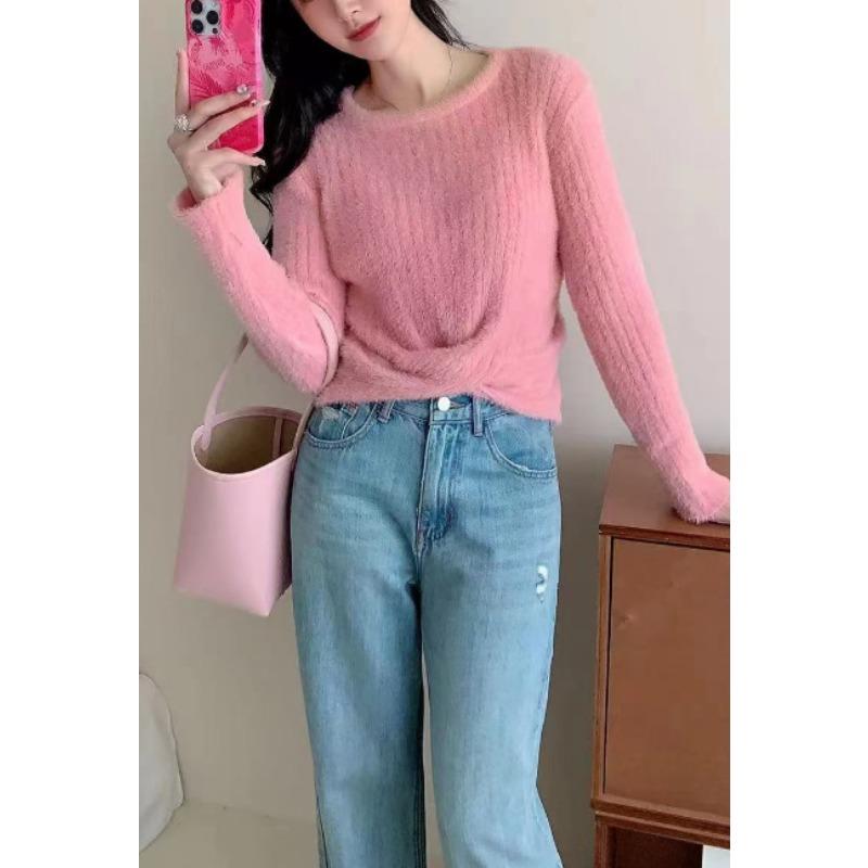 

Autumn and winter new fashion kink crew neck knitted pullover sweater women s versatile solid color sweet and thin knitted top women average size розовый