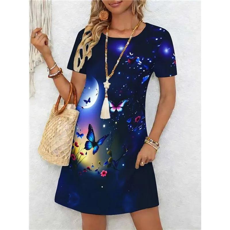 Fashion Women's Crew Neck Dress 3D Butterfly Color Printed Butterfly Dress