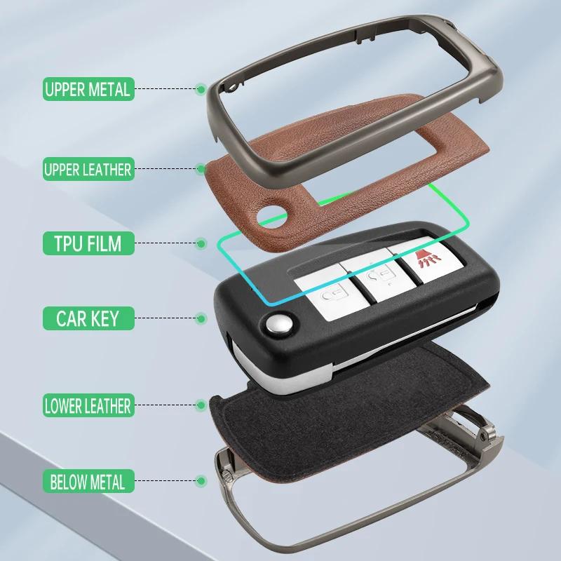 Zinc Alloy + Leather Car Key Case Cover Shell For Nissan Nv200 Sentra Versa X-Trail Qashqai J11 Juke Murano Micra Tiida Maxima