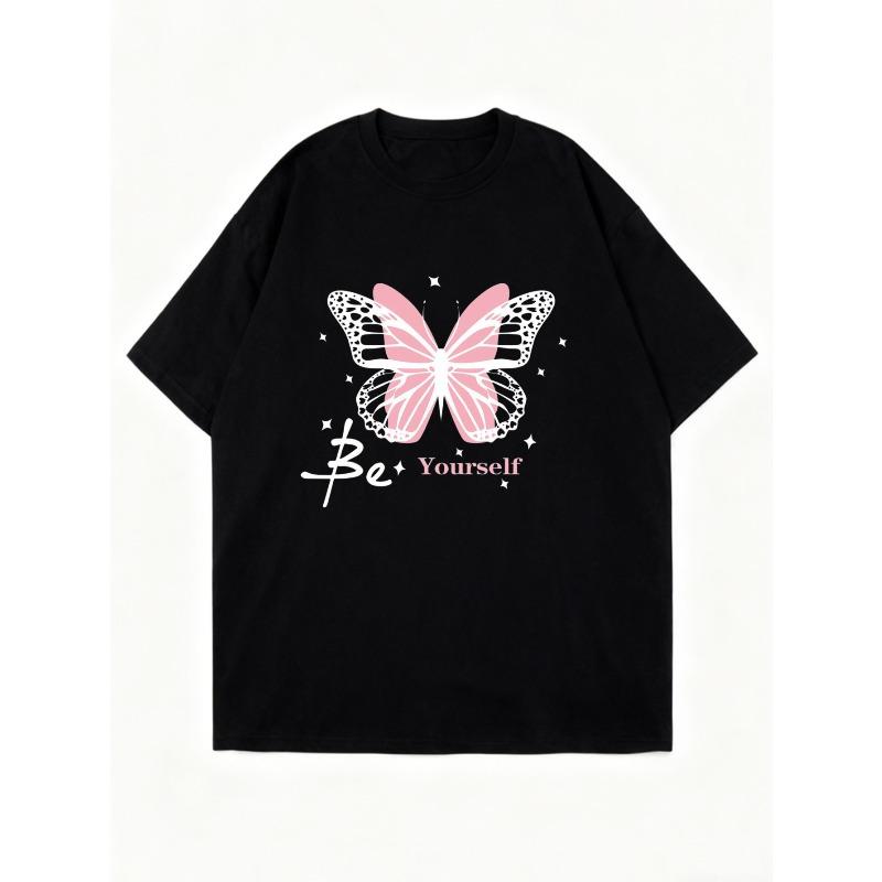 Nadměrné tričko Černý motýl a potisk Buď sám sebou Ležérní oblečení pro ženy