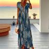 Women Plus Size V Neck Short Sleeve Maxi Dress Turquoise Vertical Leopard Print Loose Summer Vacation Long Dress