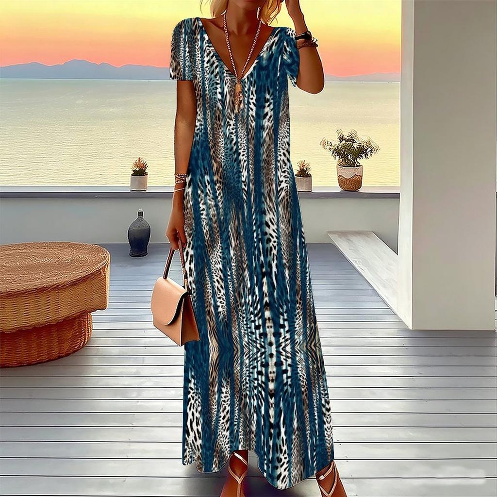 Women Plus Size V Neck Short Sleeve Maxi Dress Turquoise Vertical Leopard Print Loose Summer Vacation Long Dress