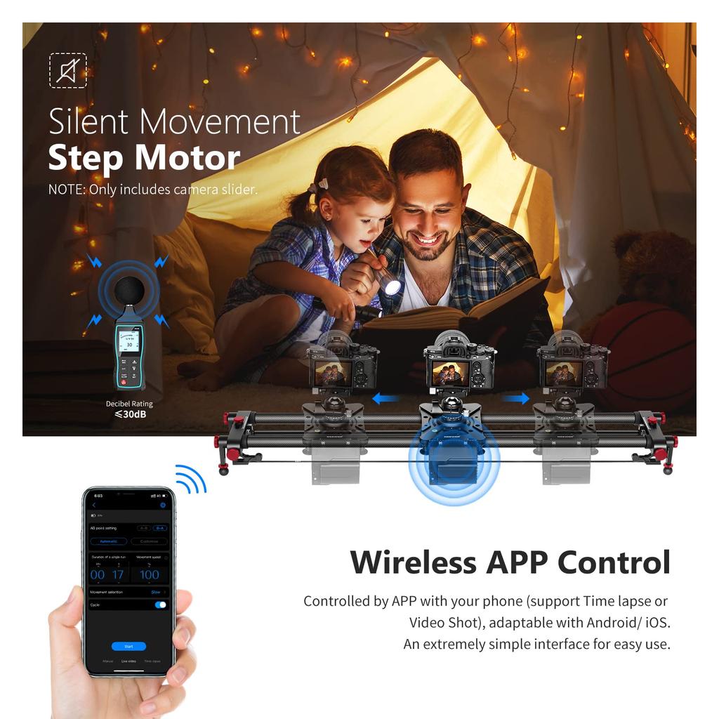 NEEWER Motorized Camera Slider with App Wireless Carbon Fiber Dolly Rail Camera Slider with Video Time and Panoramic Photography 31.5"/80cm Control,