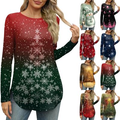 Womens Long Sleeve Round Neck Shirts Side Split Basic Loose Tunic Tops Christmas Print  Casual Shirts