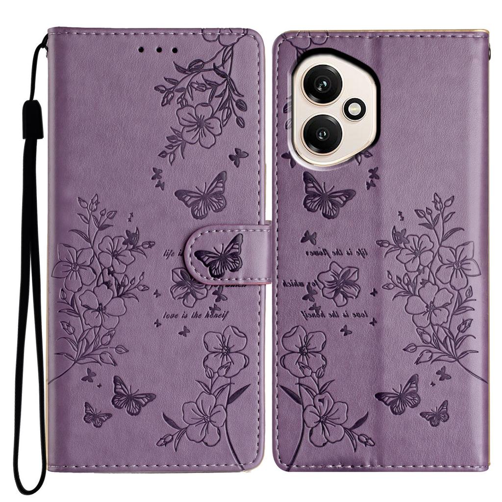 Für Honor 400 5G (Global) Brieftasche Handyhülle Schmetterling Floral Prägung Leder Klapphülle mit Riemen