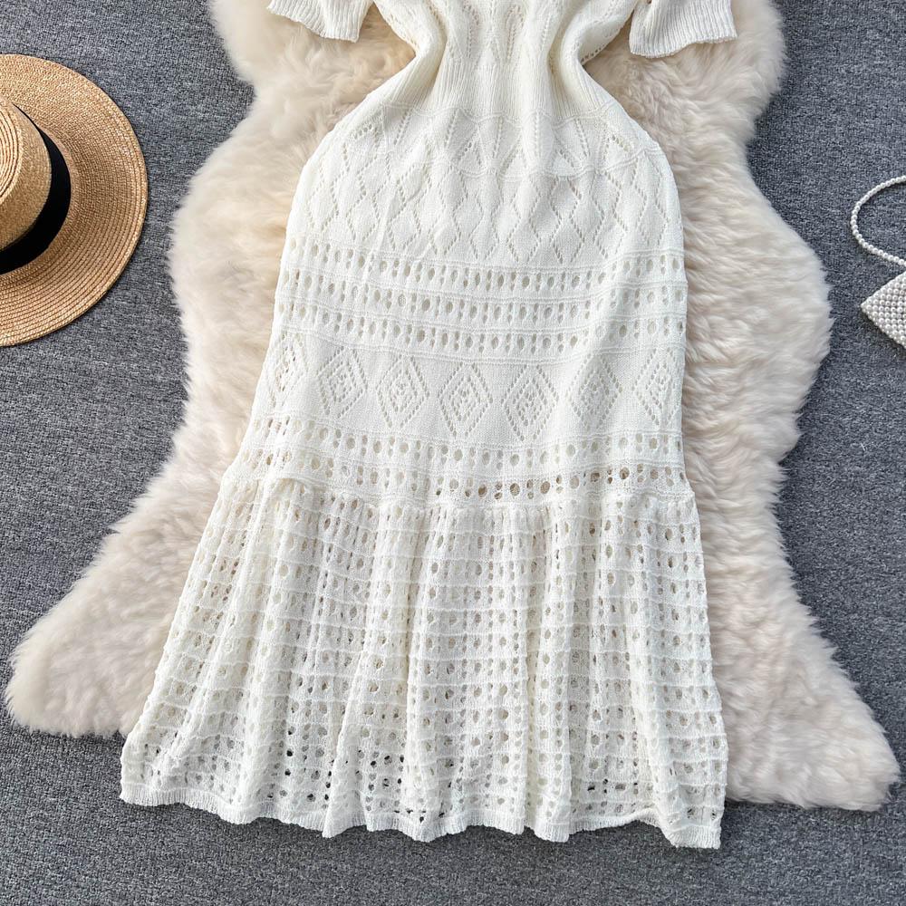 High Quality Women Chic Hollow Out Knitted Sweater Dress Summer Elegant Short Sleev Midi Bodycon Mermaid Dresses