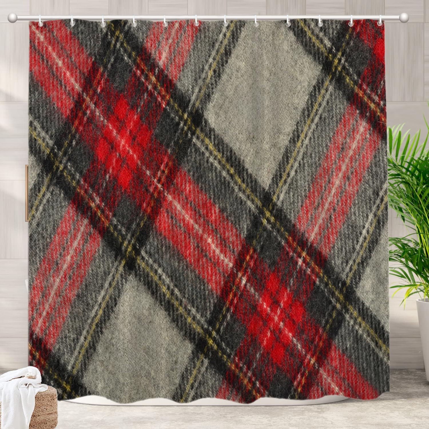 

Red Black Tartan Plaid Pattern Waterproof Shower Curtain 180X180Cm - Rustic Farmhouse Style Bath Curtain For Home Decor W60H190(CM)-1 Pcs