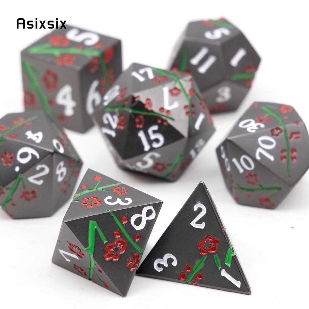 7 Pcs Black Flower Metal Dice Solid Metal Polyhedral Dice Set Suitable for Role-Playing RPG Board Game Card Game