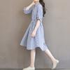 Plus Size Women Vertical Striped Loose Long Sleeve Button Down Shirt Midi Dress
