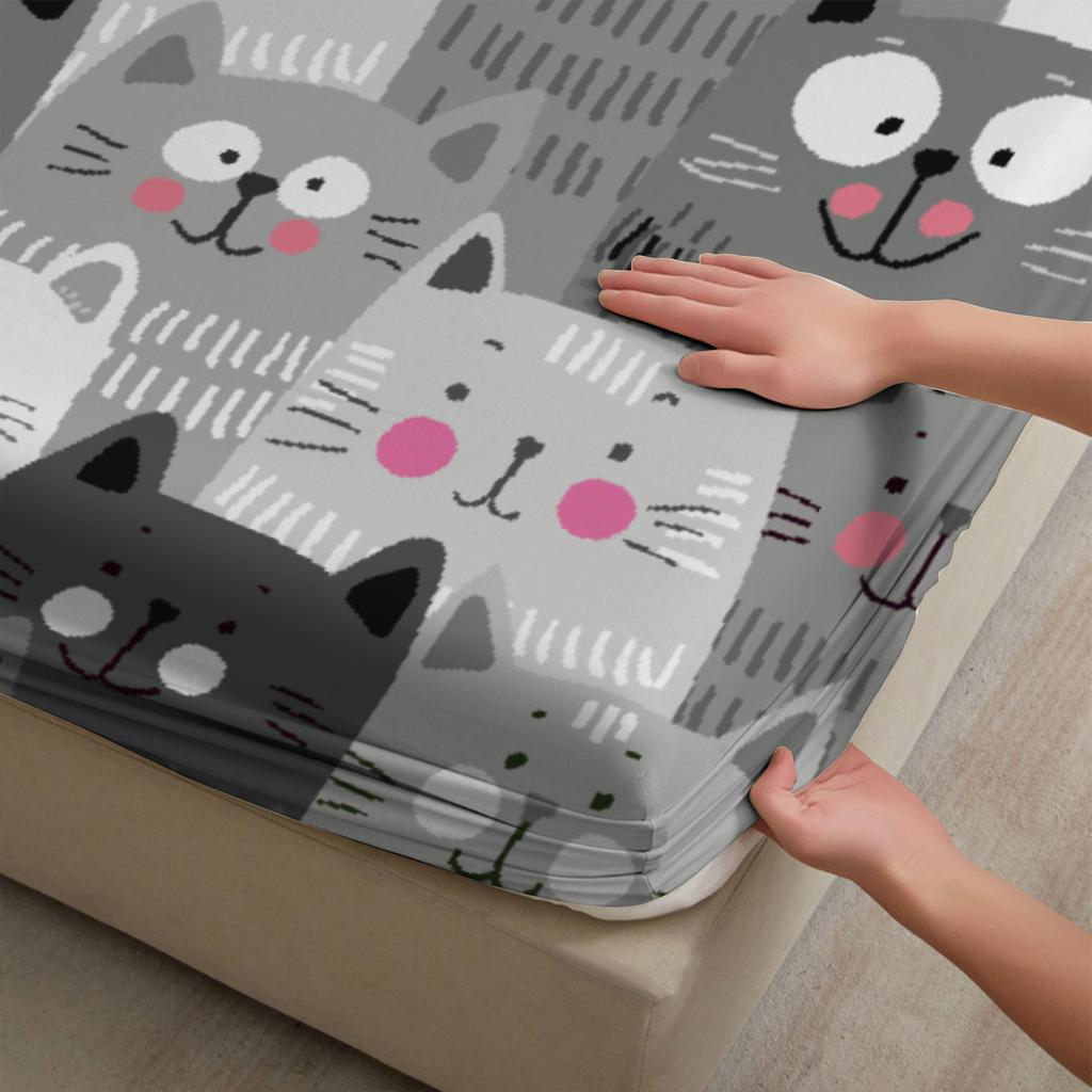 3pcs Black And White Cats Fitted Sheet Sets Cartoon Cat Pattern 3D Printed 100%  Polyester Flat Sheet With 2 Pillowcases