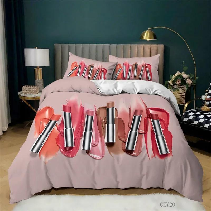 Fashion Bedding Set Makeup Cosmetic Theme Duvet Cover Polyester Perfume Lipstick Nail Polish Brush Print Quilt Cover King Size
