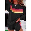 Conjunto de Duas Peças Casual para Casa Feminino: Blusa de Gola Redonda com Mangas Longas e Listras Arco-Íris Patchwork com Shorts de Cintura Elástica