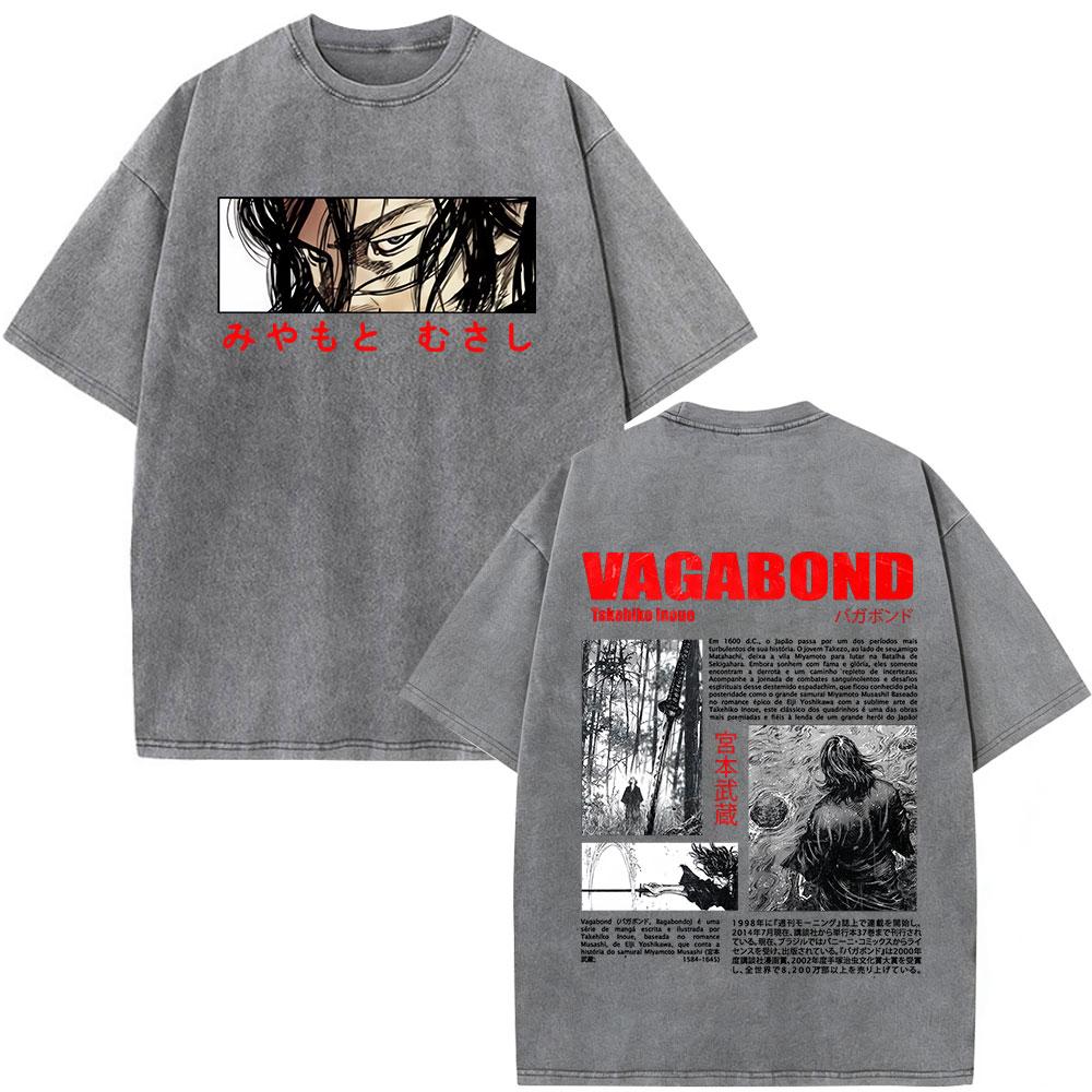 Japanese Anime Vagabond Miyamoto Musashi Vintage Washed Tshirts Men Women Clothing Fashion Retro Cotton Short Sleeve T Shirts