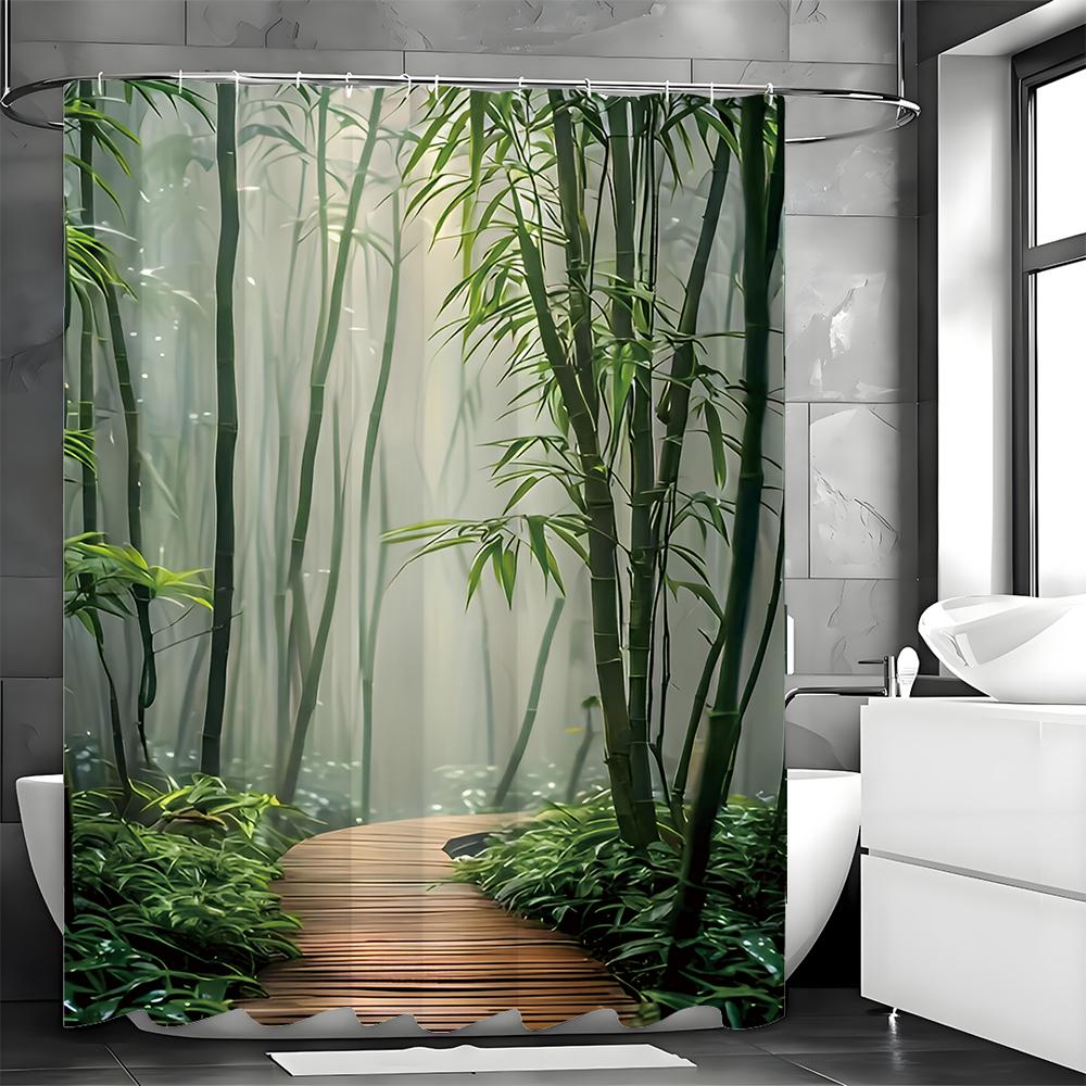 Bamboo Shower Curtain, Green Forest, Spa, Vintage, Natural, Japanese, Asian Style, Bathroom Shower Curtains with Hooks, Waterpro