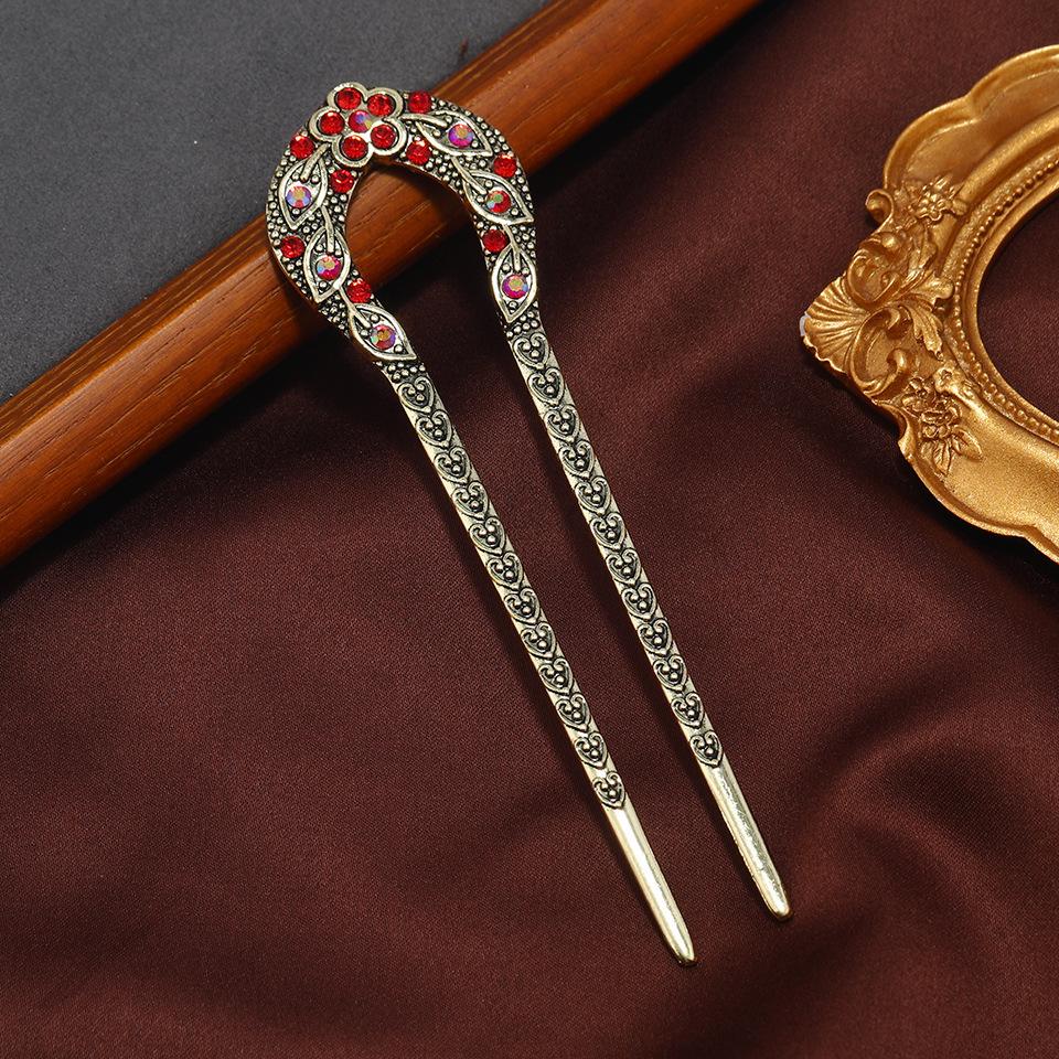 Peach Blossom Retro U-Shaped Rhinestone Hairpin - Classical Hanfu Hair Accessory