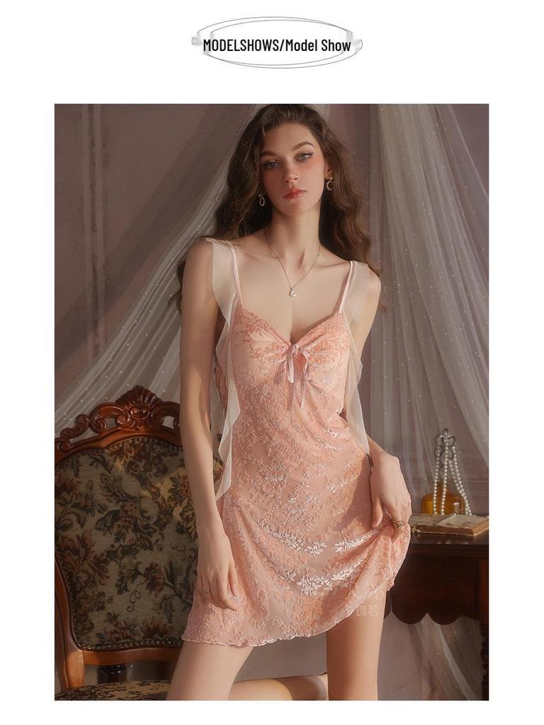 Gorgeous Jacquard Low-Cut Push-Up Backless Nightgown & Robe Set with Pads - Pure Temptation
