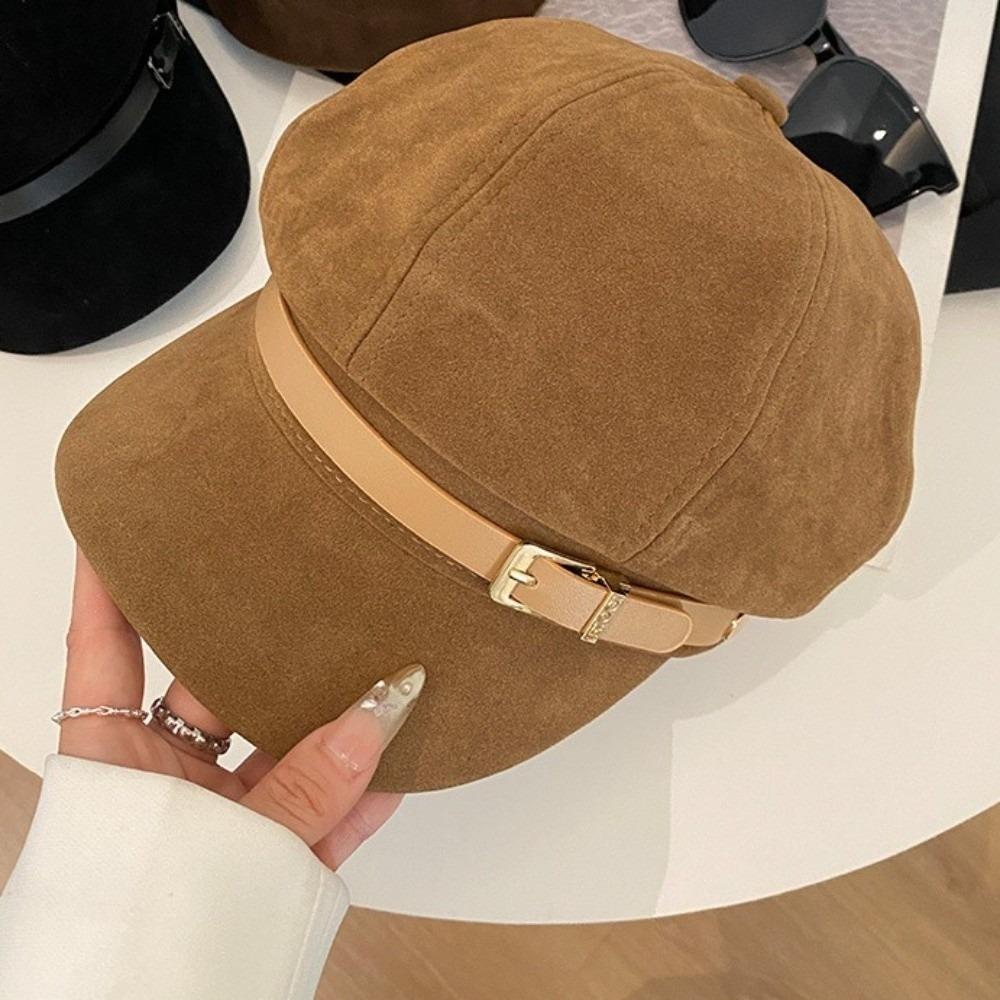British Style Pu Leather Beret Belt Buckle Painter Hat Casual Suede Octagonal Hat  Autumn