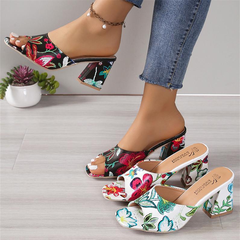 European and American embroidered open-toed high-heeled square-headed slippers women's large-size thick-heeled fashion cool slippers ebay