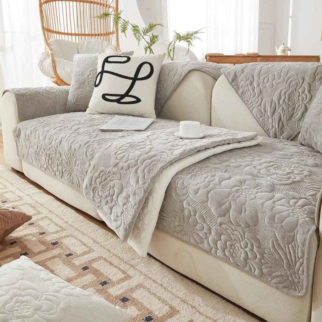 New Pattern Plush Sofa Cushion Winter Solid Color Plush Seat Cushion Pastoral Style Anti Slip Sofa Towel Backrest Towel Sand