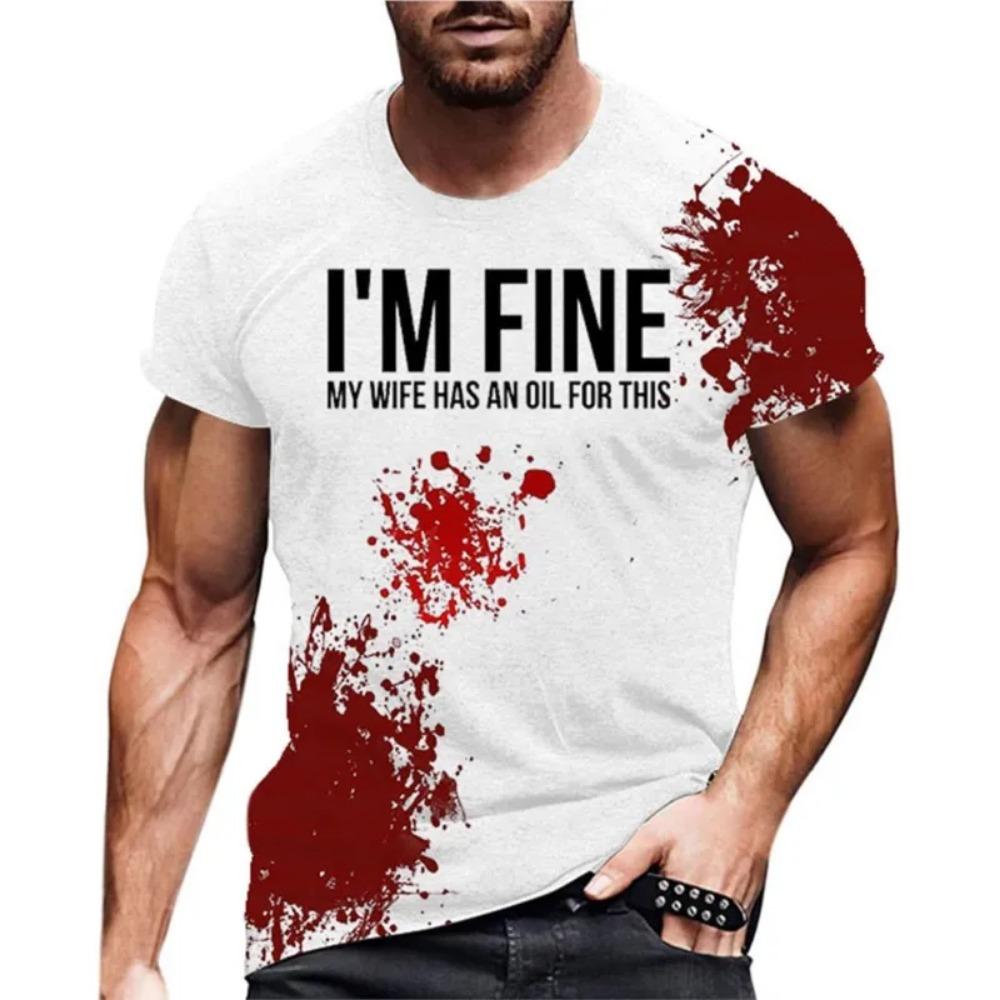 2025 New Funny Men's Blood I'm Fine Halloween Print T-shirt Funny Blood Men's Fun Round Neck Casual Short Sleeve