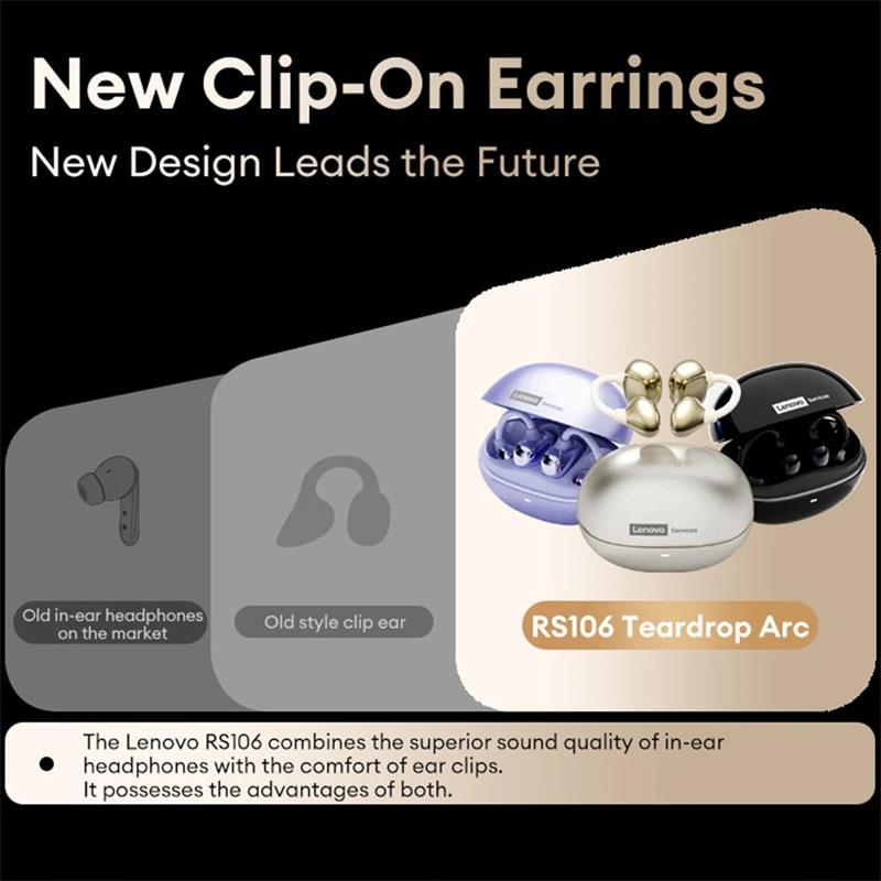Lenovo RS106 Clip-On Open-Ear Earbuds Bluetooth 6.0, 24H Play, USB-C Fast Charge, Dolby HiFi Bass, ENC Calls, Water-Drop Arc Comfort Sports Headphones