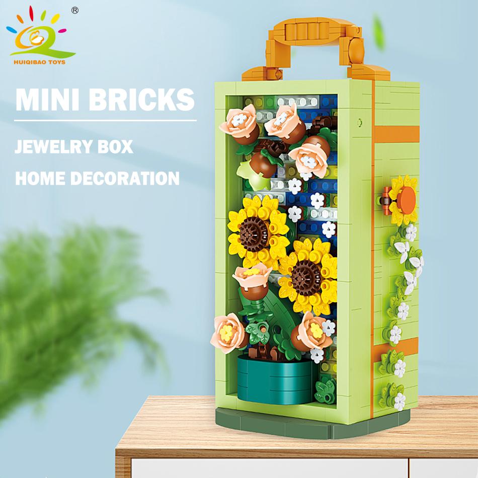 Flower Sunflower Jewelry Box Mini Building Block Bouquet Model MOC Butterfly fMicro Brick Children Construction Toy Kid