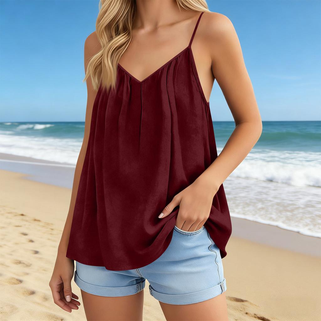 Women's Casual Sleeveless Top Delicate Straps Floaty Beach Resort V-Neck Top