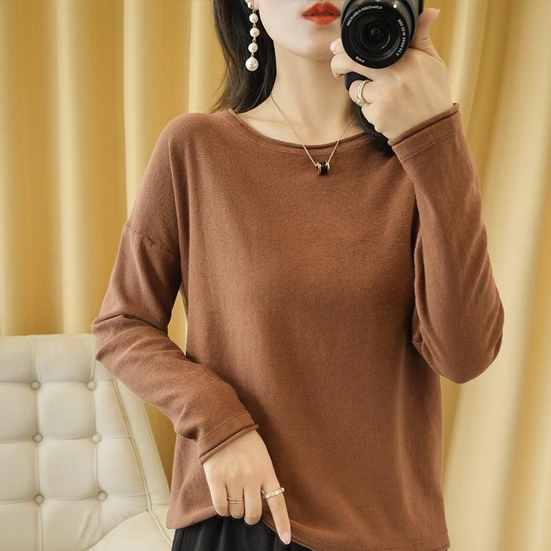 100% Cotton Women Knit Sweater Crimped Edge O-Neck Pullover Bottoming Pure Cotton Sweater Spring Autumn Tops Clothes M коричневый